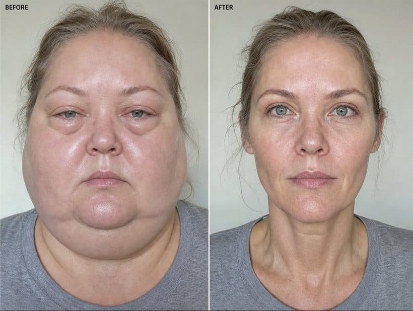 Before and after comparison of a woman's face showing reduced morning puffiness after the 90-day curve