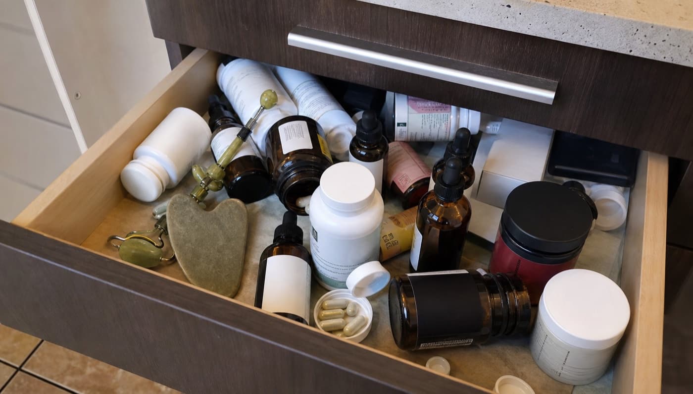 A bathroom drawer crammed with half-used supplement bottles and jars