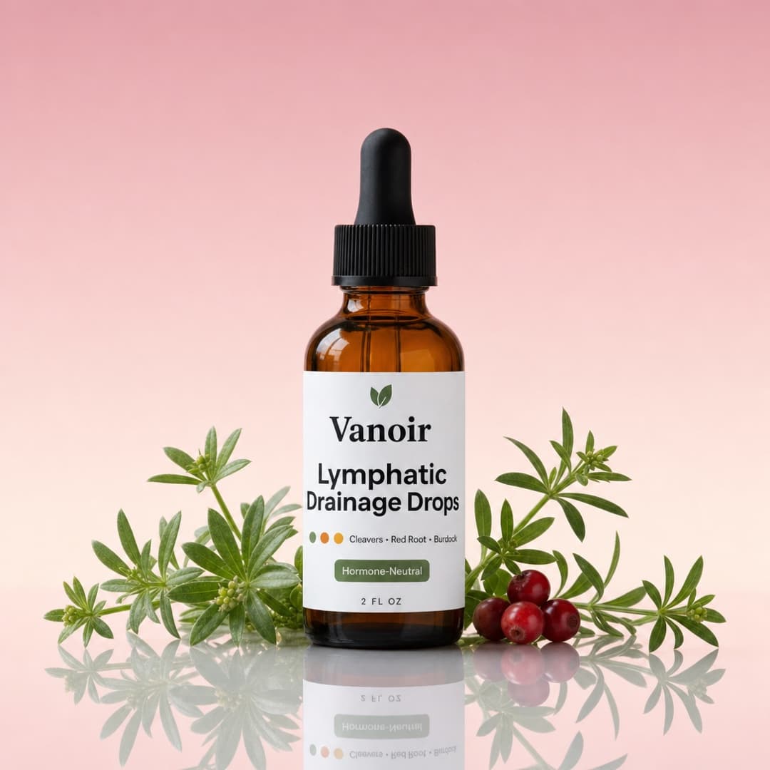The Vanoir Lymphatic Drainage Drops amber dropper bottle with cleavers sprigs on a soft pink studio background