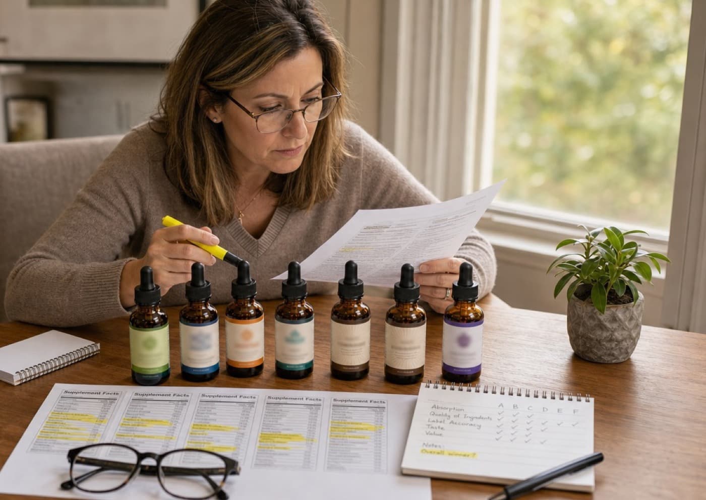 Six amber supplement dropper bottles lined up on a desk beside highlighted ingredient printouts and a notepad of checkmarks
