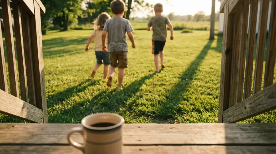 Kids running barefoot across a summer lawn