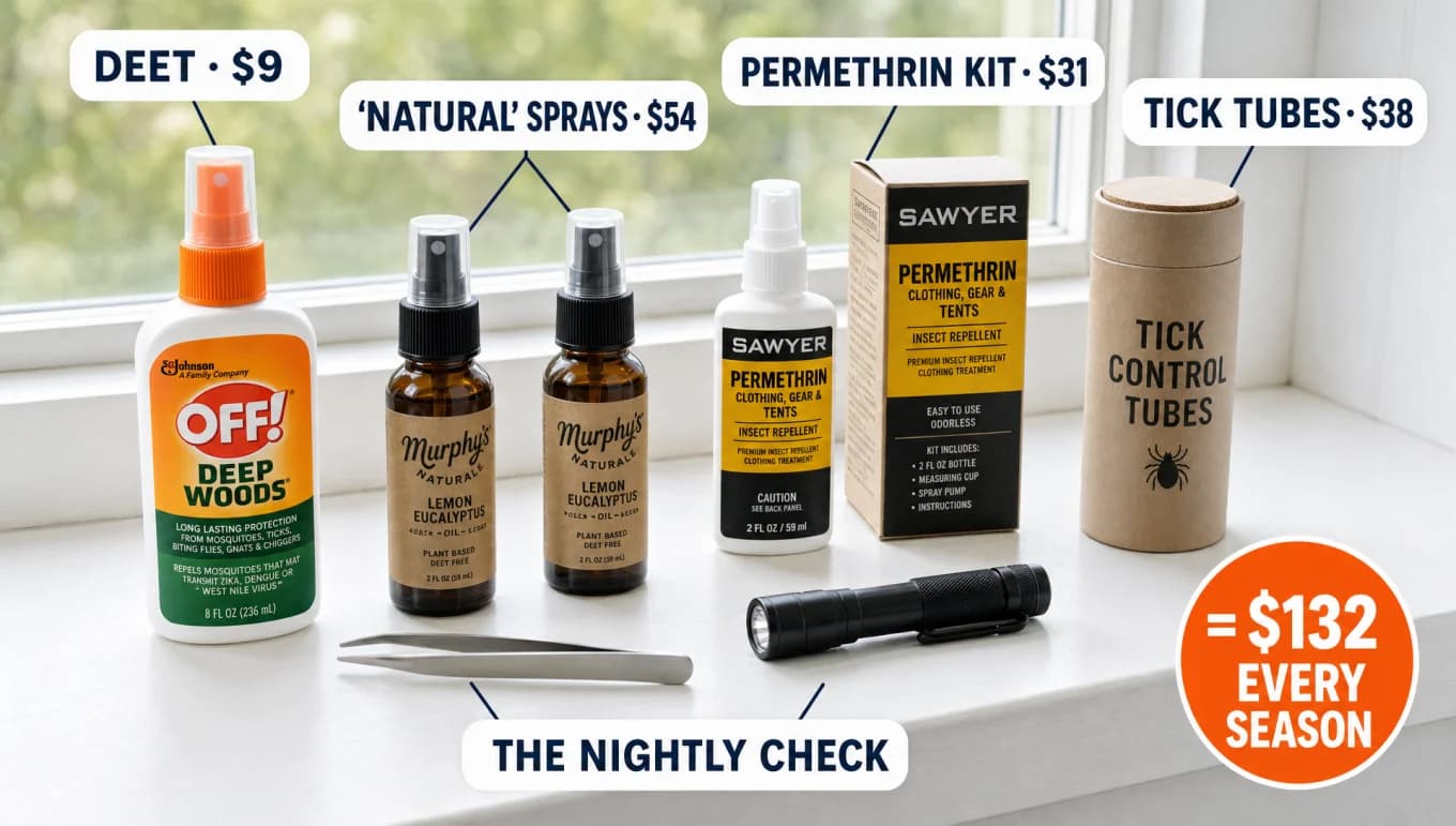 The household tick arsenal priced out on a table: OFF! Deep Woods, Murphy's Naturals sprays, a Sawyer permethrin kit, tick tubes, tweezers and a flashlight for the nightly check