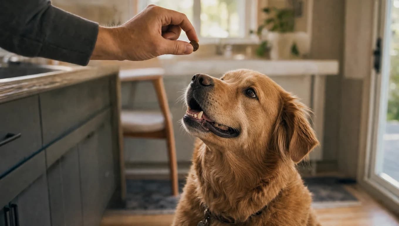 A dog owner's hand holding a beef-flavored chewable tablet over a dog looking up, in warm domestic light