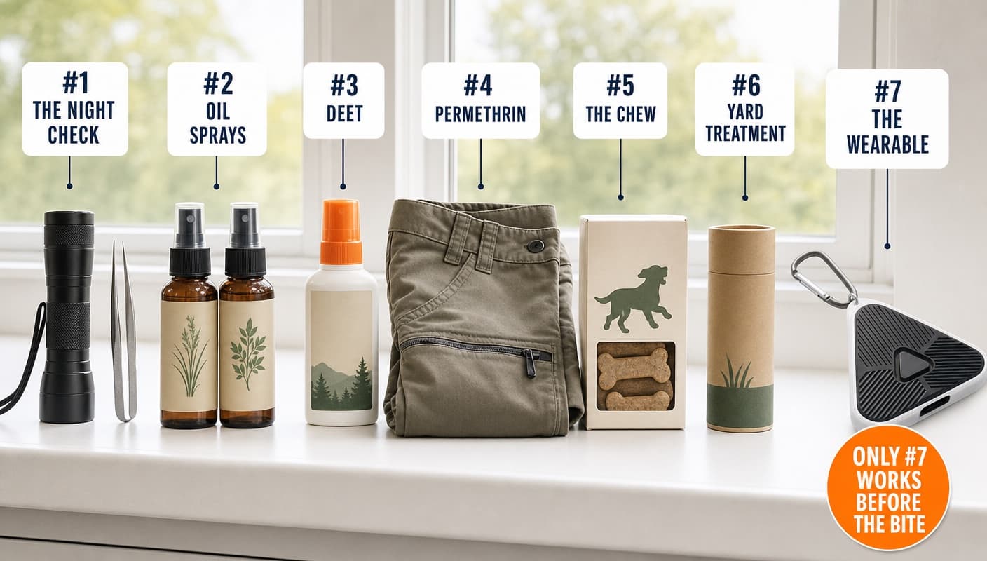 All seven tick defenses labeled #1 through #7 on a windowsill — flashlight and tweezers, oil sprays, DEET, permethrin pants, dog chews, yard treatment, and the TickBlock wearable — with a badge reading only #7 works before the bite