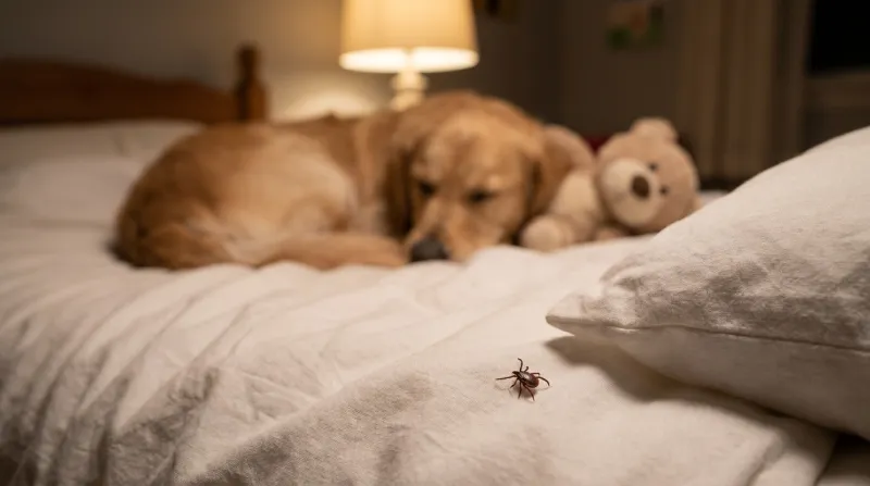 A tick crawling across a white bedspread in the foreground while a golden retriever dozes next to a child's teddy bear