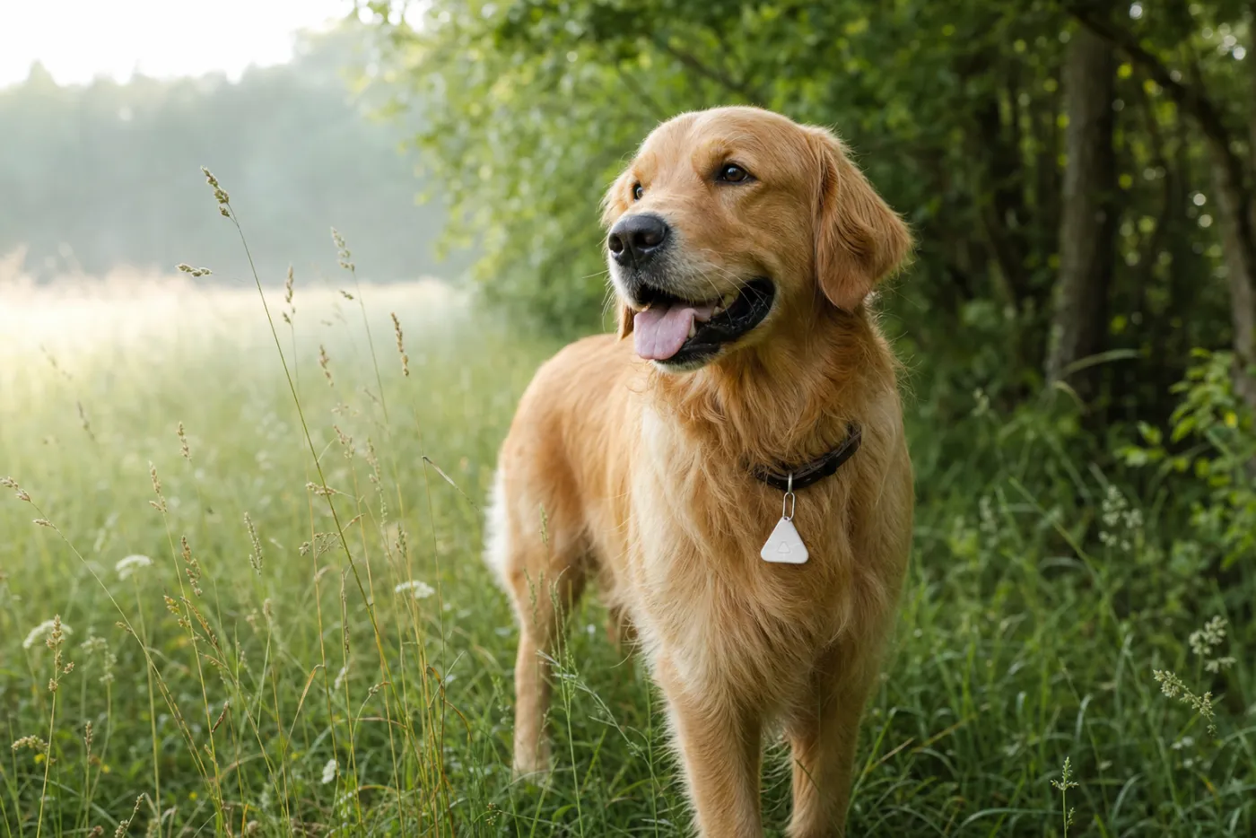 A golden retriever standing in tall meadow grass with a small chemical-free clip on its collar
