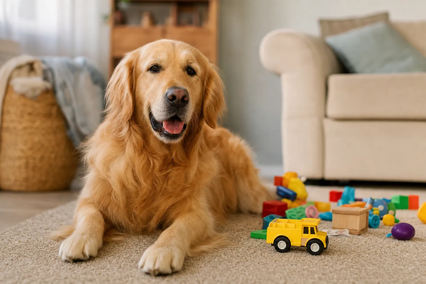 A relaxed dog lying on a living-room rug beside a child's toys at home