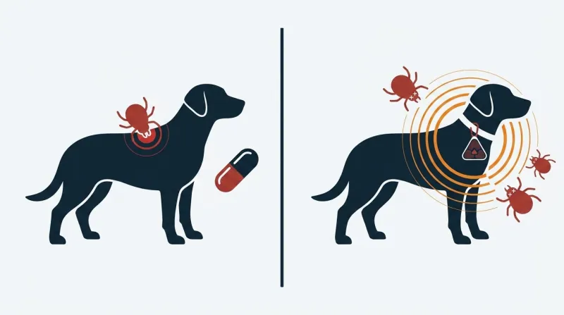 Diagram contrasting a chewable tablet that acts after a tick bites with a clip-on device that repels ticks before they latch