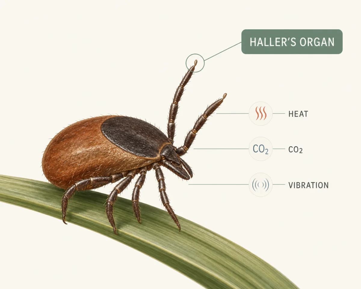 Editorial diagram of a tick on a blade of grass with its front-leg Haller's organ labeled, sensing heat, CO2, and vibration