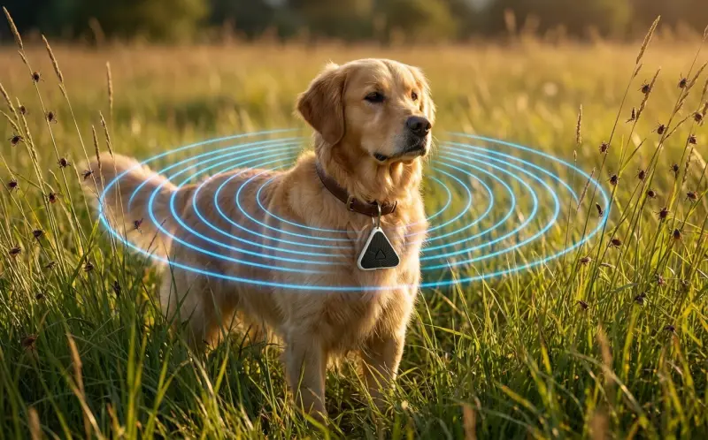 A small white chemical-free clip attached to a dog's collar