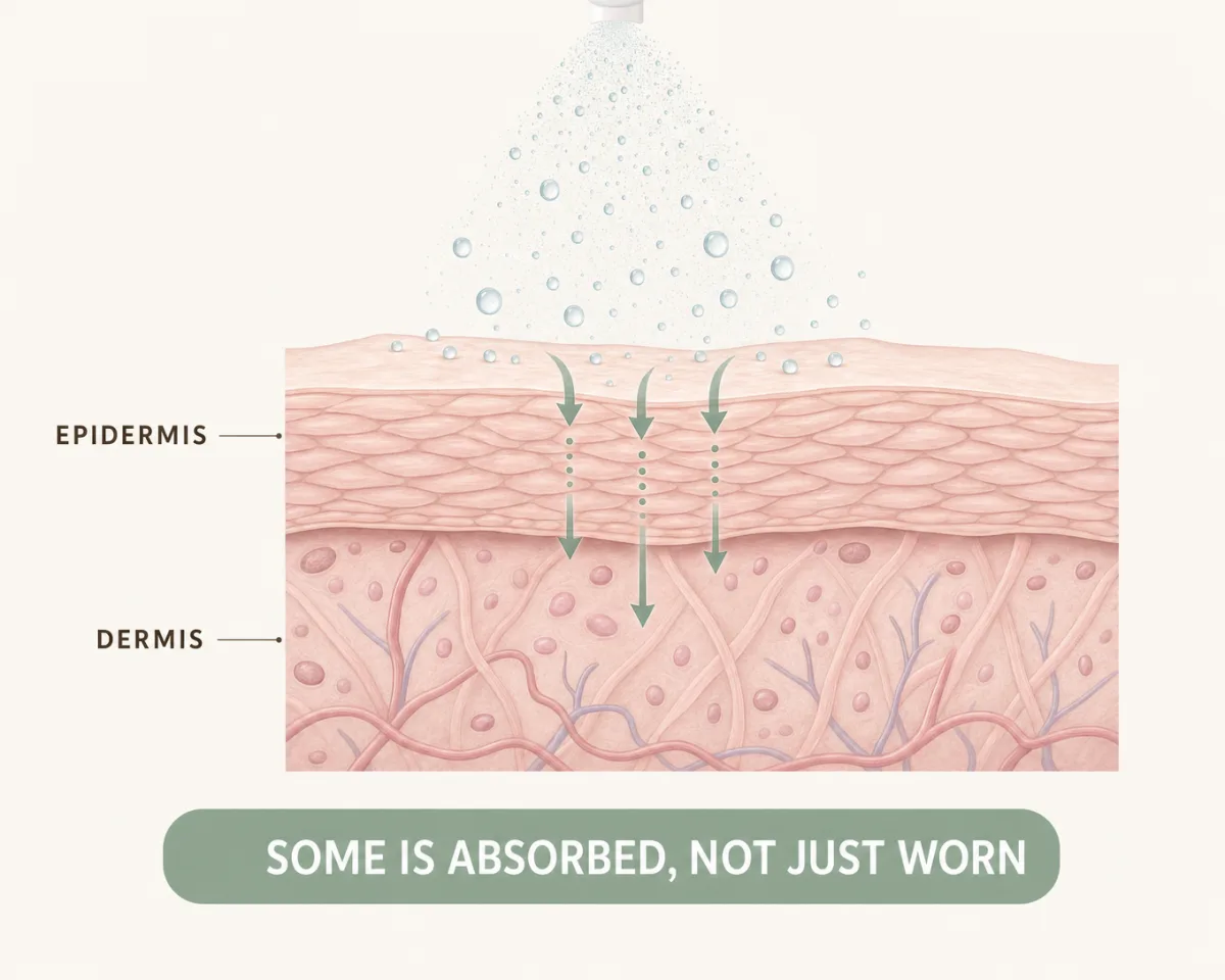 Editorial cross-section diagram of skin showing a portion of a sprayed repellent absorbing below the surface