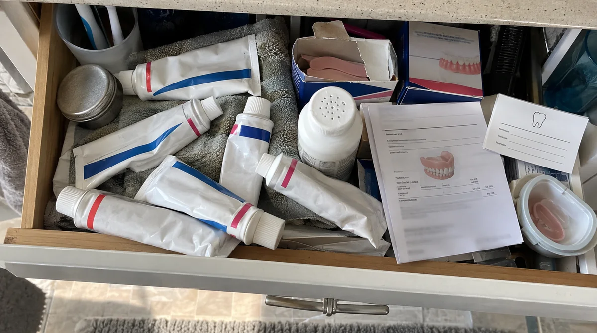 The Denture Drawer: extra-hold tubes, powder, strips, the backup tube, and a reline estimate