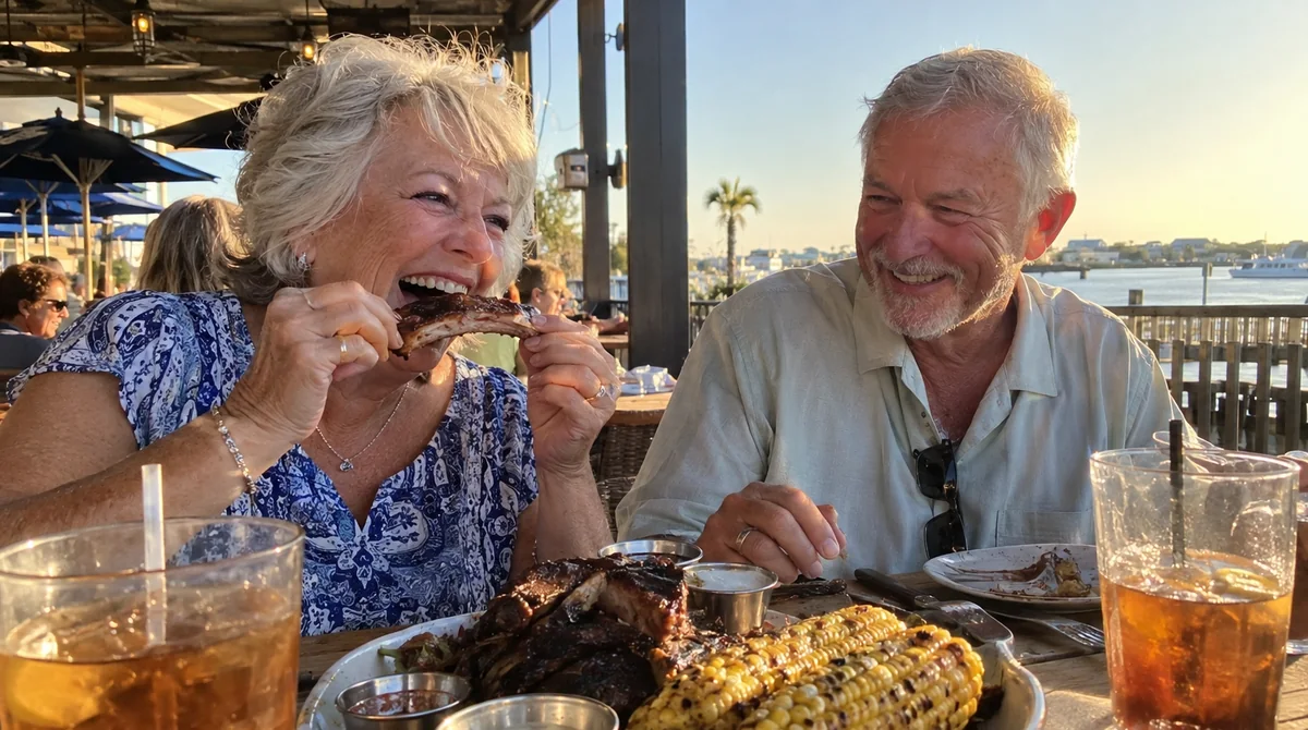 Ribs and corn on the patio, with the plate holding still through the whole meal